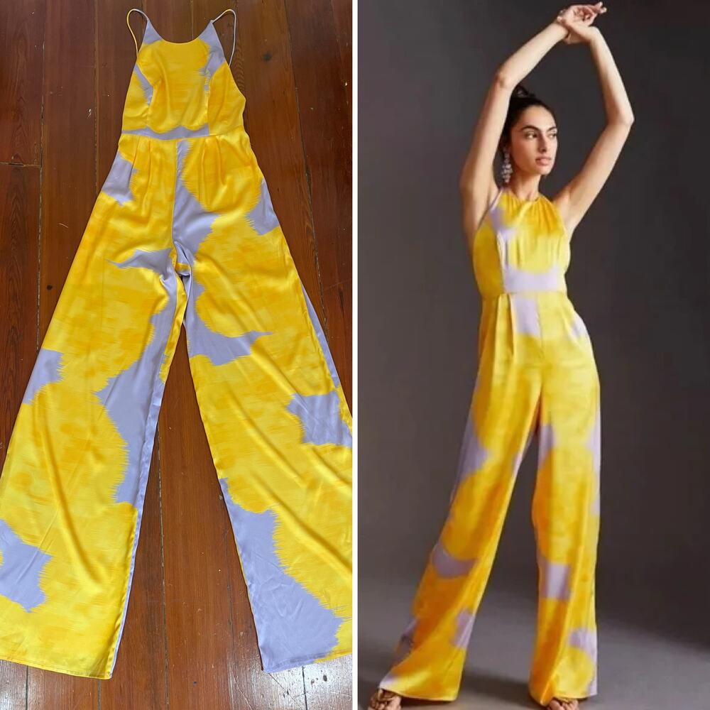 ✨Hutch Yellow Abstract Wide Leg Jumpsuit Halter Pleated Waist Size 2